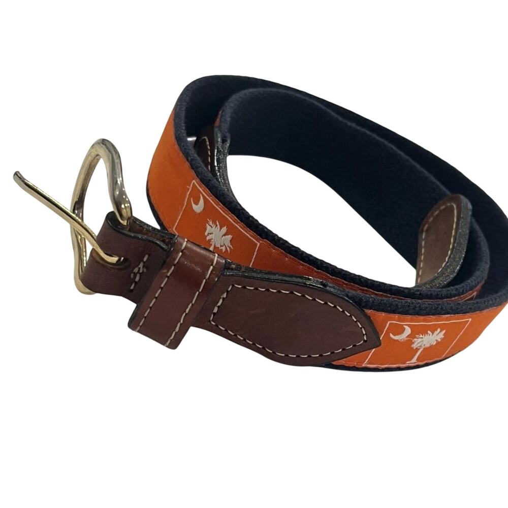 Size 32 South Carolina Flag Belt Mens Orange Canvas Leather Solid Brass Buckle
